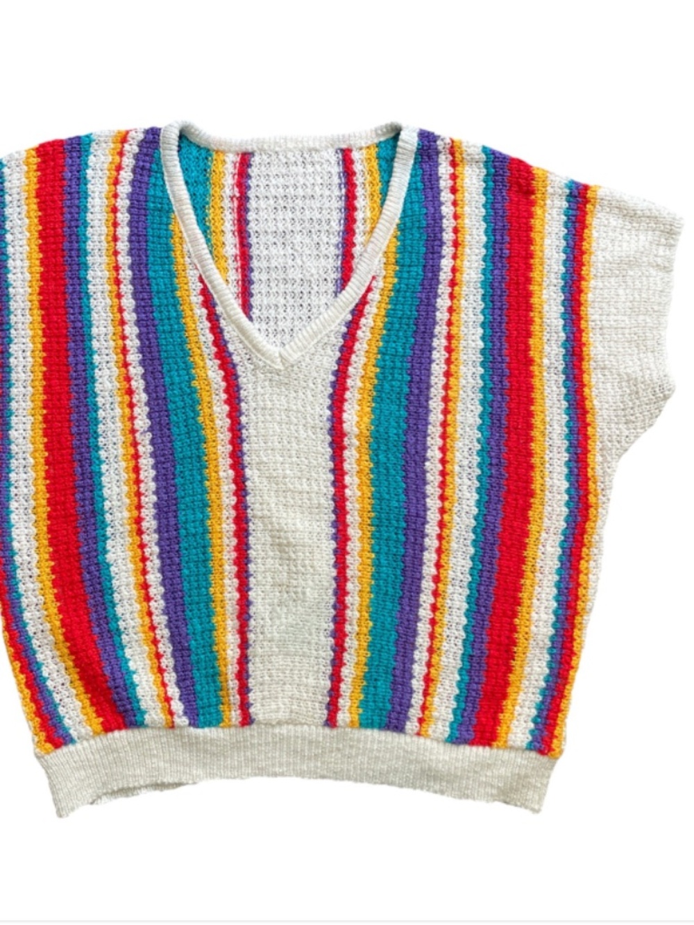 70s Vtg Chevron Stripes Pointelle short sleeve sweater Knit crochet Rainbow M/L